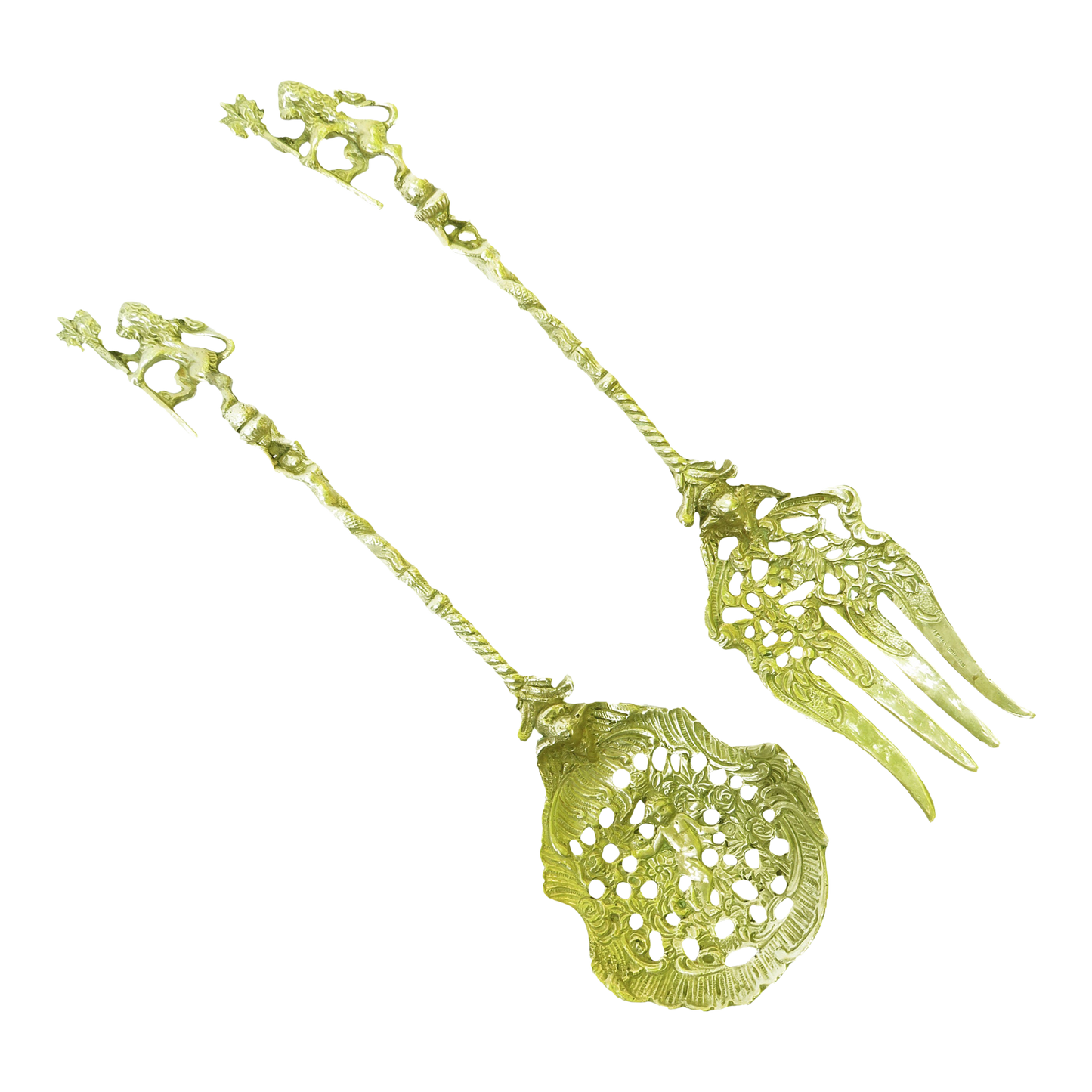 Italian Gilt Metal Figural Serving Fork & Spoon, Pair