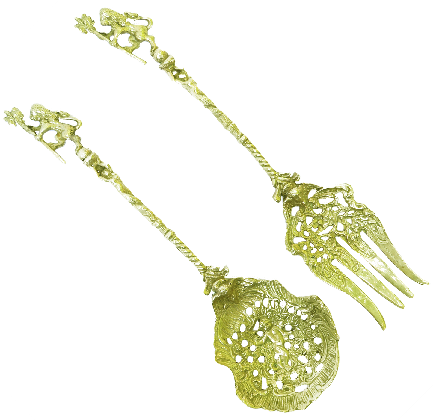 Italian Gilt Metal Figural Serving Fork & Spoon, Pair