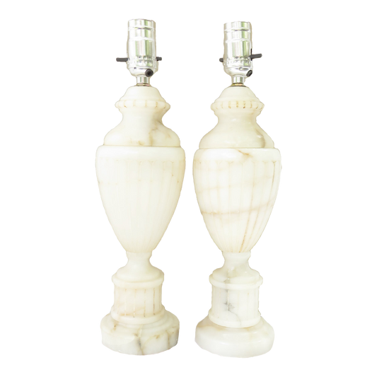 Large Neoclassical White Marble Urn Table Lamps, Pair