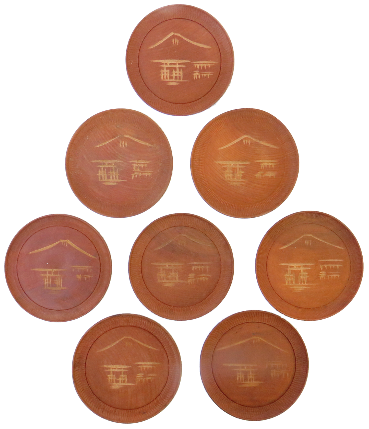 Mid-Century Modern Asian Teak Beverage Coasters, Set of 8