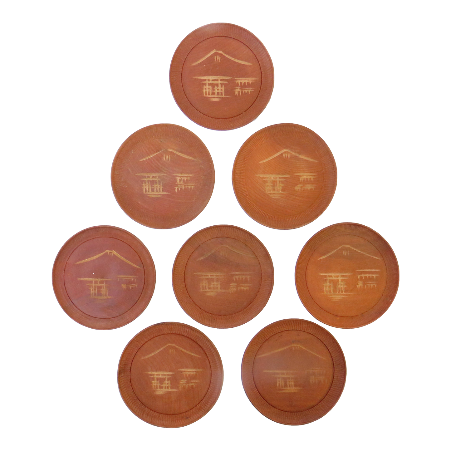 Mid-Century Modern Asian Teak Beverage Coasters, Set of 8