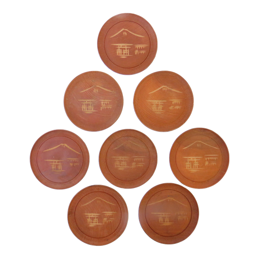 Mid-Century Modern Asian Teak Beverage Coasters, Set of 8