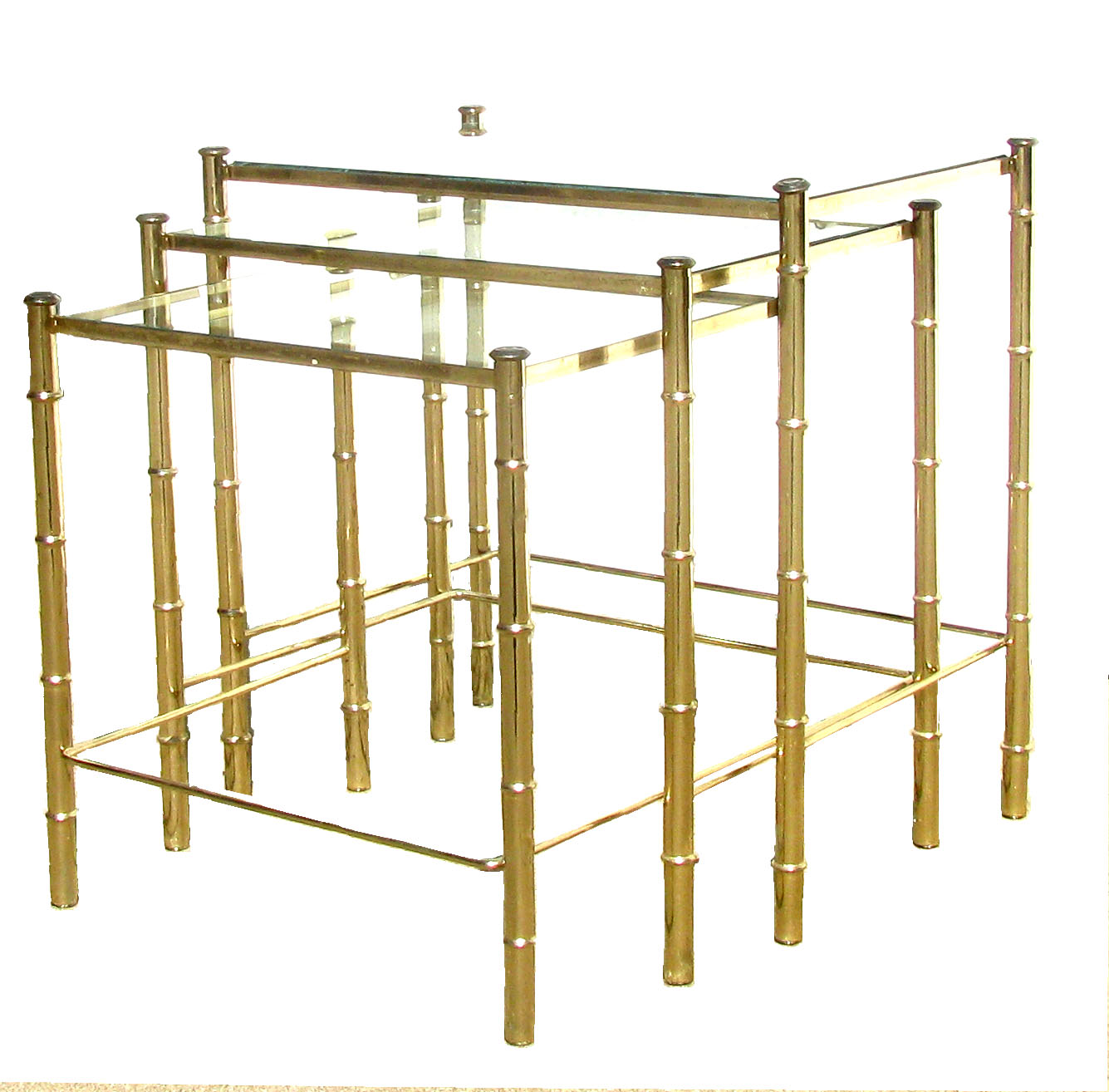 Midcentury Faux Bamboo Brass & Glass Nesting Tables, Set of 3