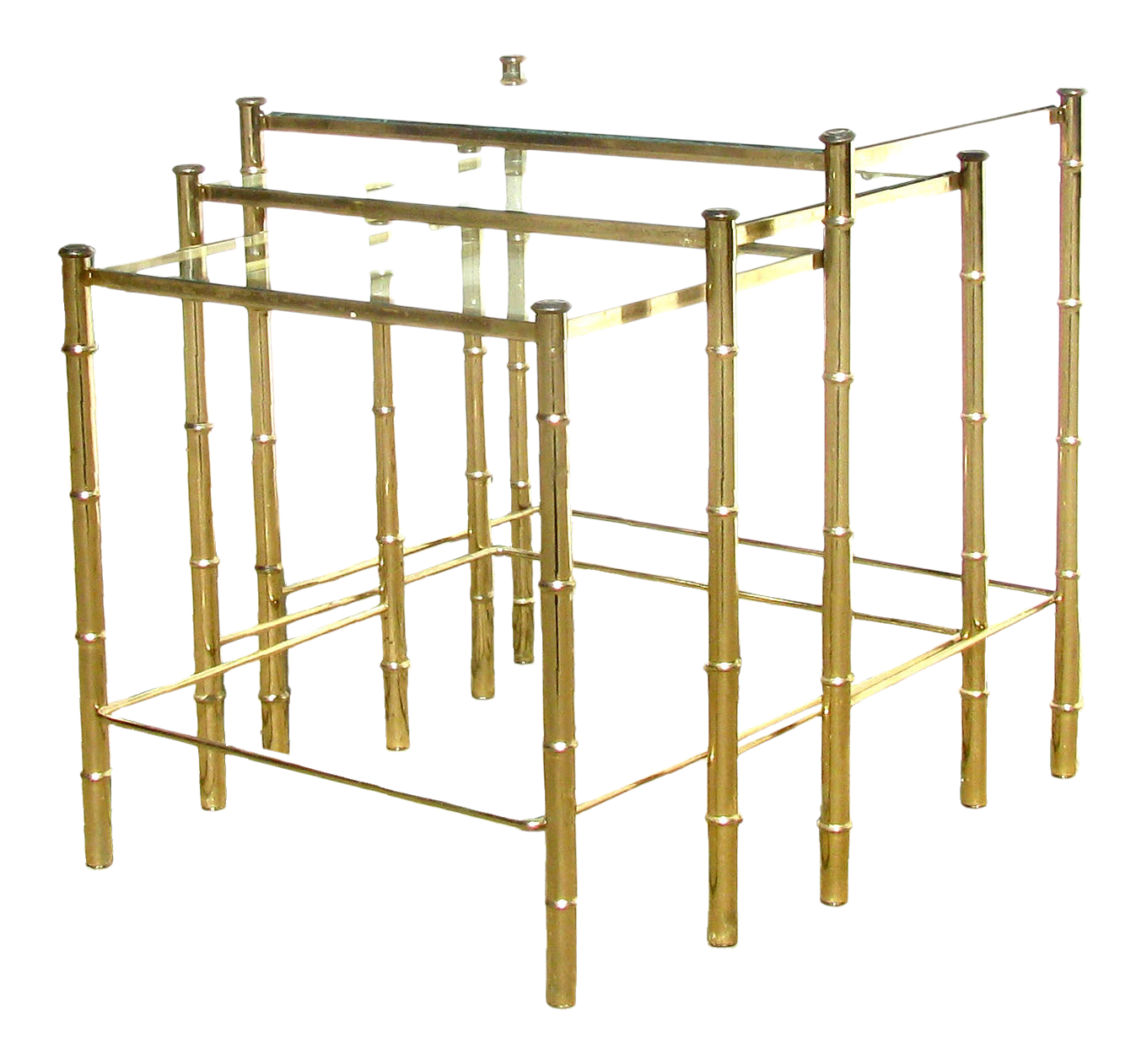 Midcentury Faux Bamboo Brass & Glass Nesting Tables, Set of 3