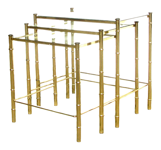 Midcentury Faux Bamboo Brass & Glass Nesting Tables, Set of 3