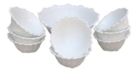 Milk Glass Palm Frond Bowls, Serving + 8 Individual