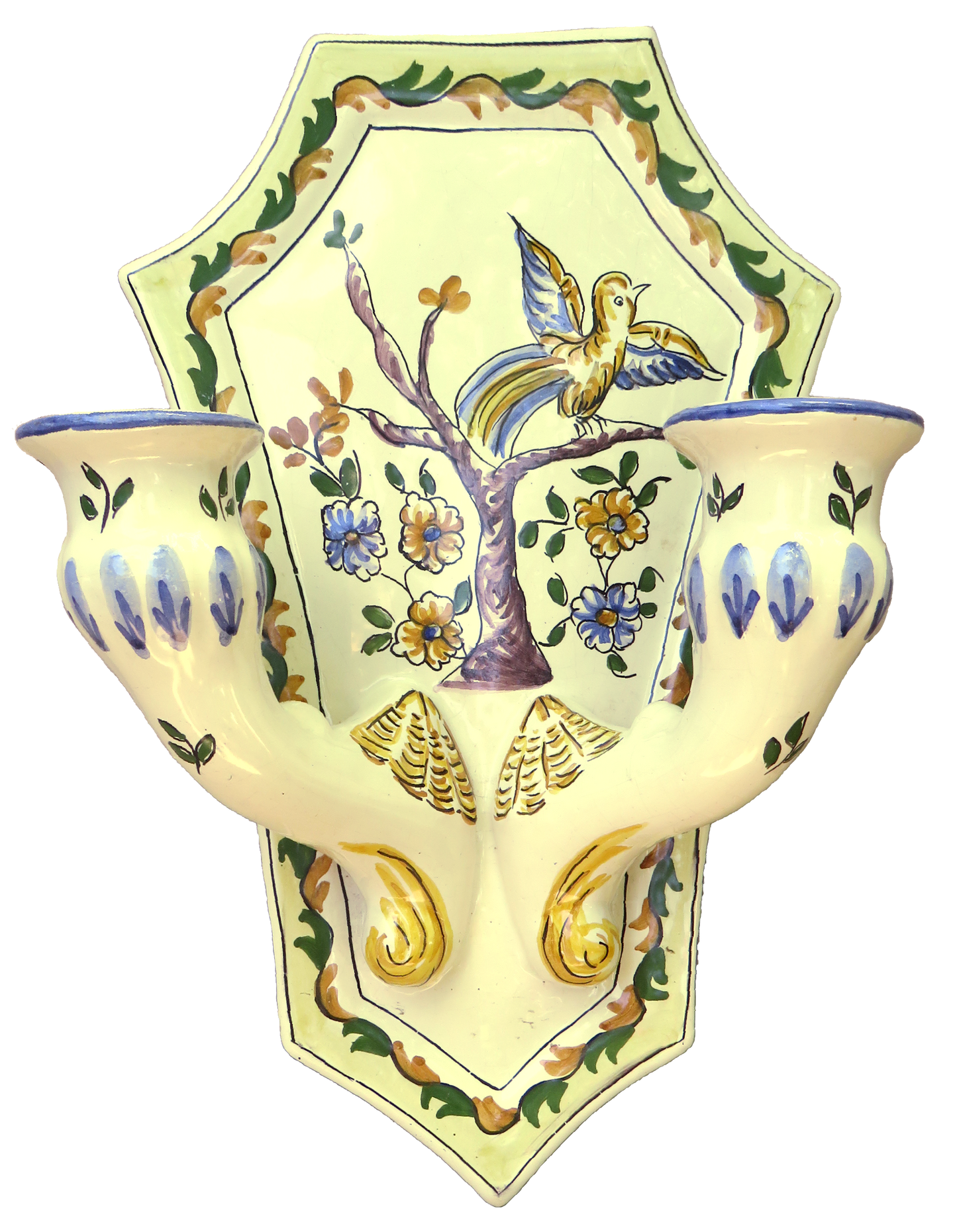 Portuguese Handpainted 2-Arm Pottery Candle Sconce