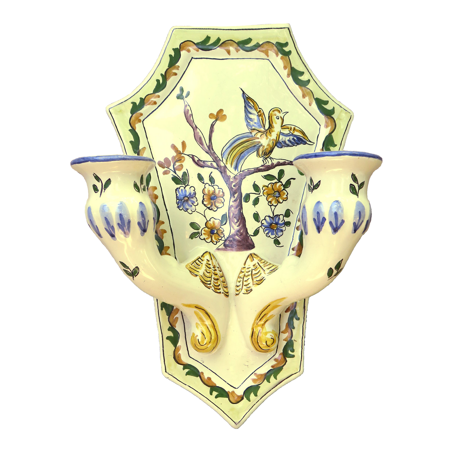 Portuguese Handpainted 2-Arm Pottery Candle Sconce