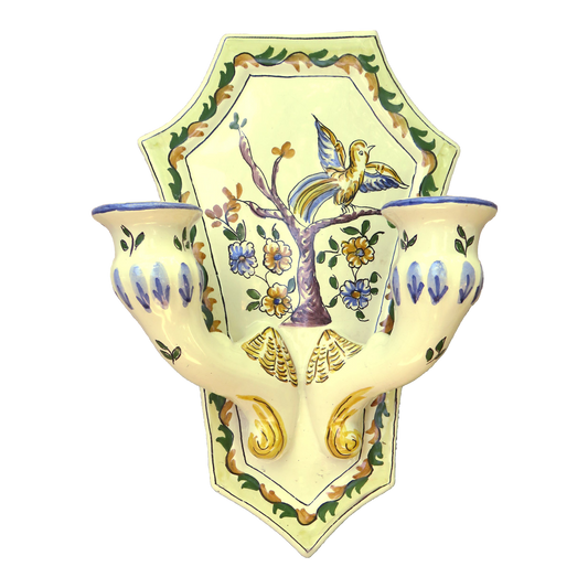 Portuguese Handpainted 2-Arm Pottery Candle Sconce