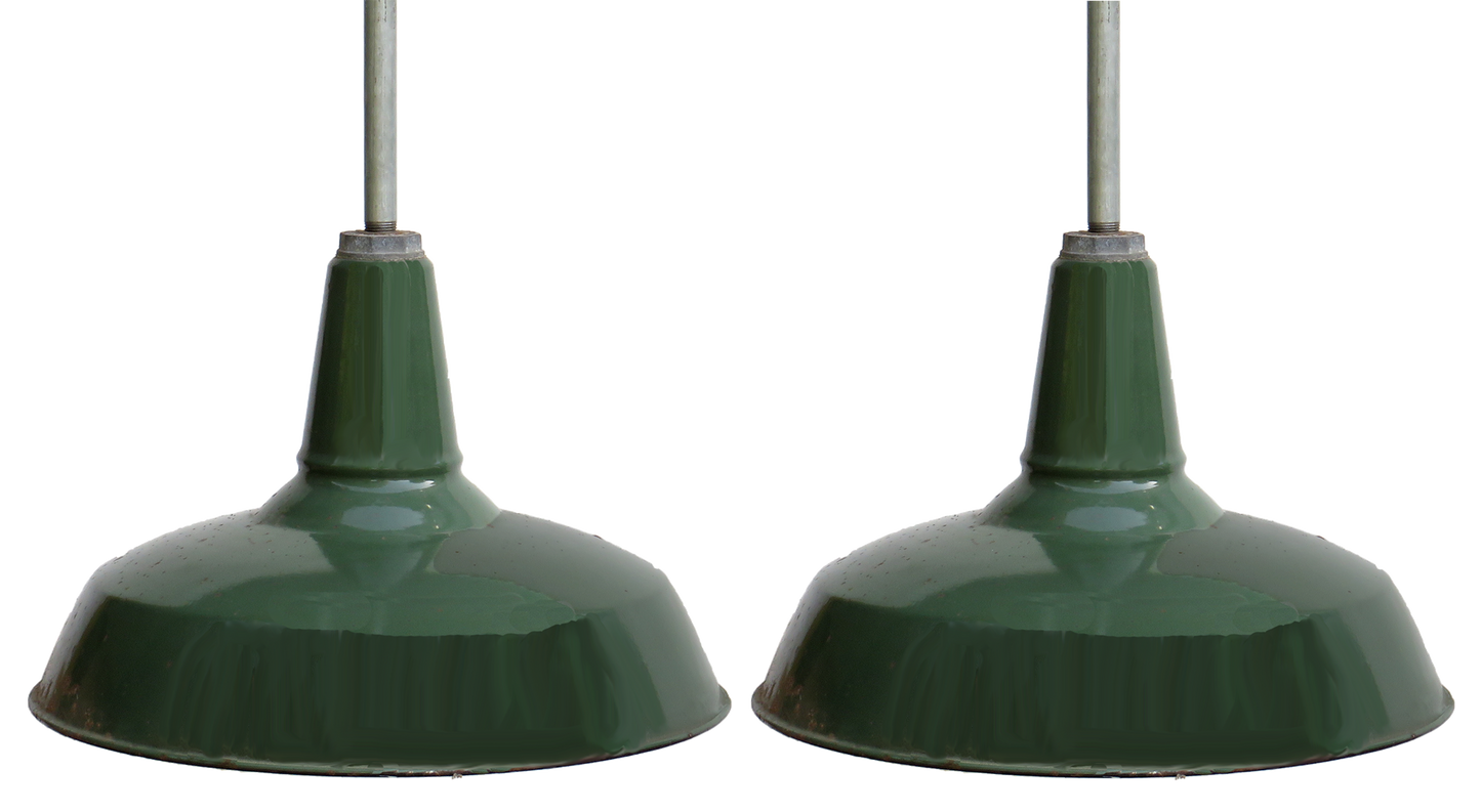 Vintage Industrial Chic Pendant Lights With Green Enamel Shades, Pair