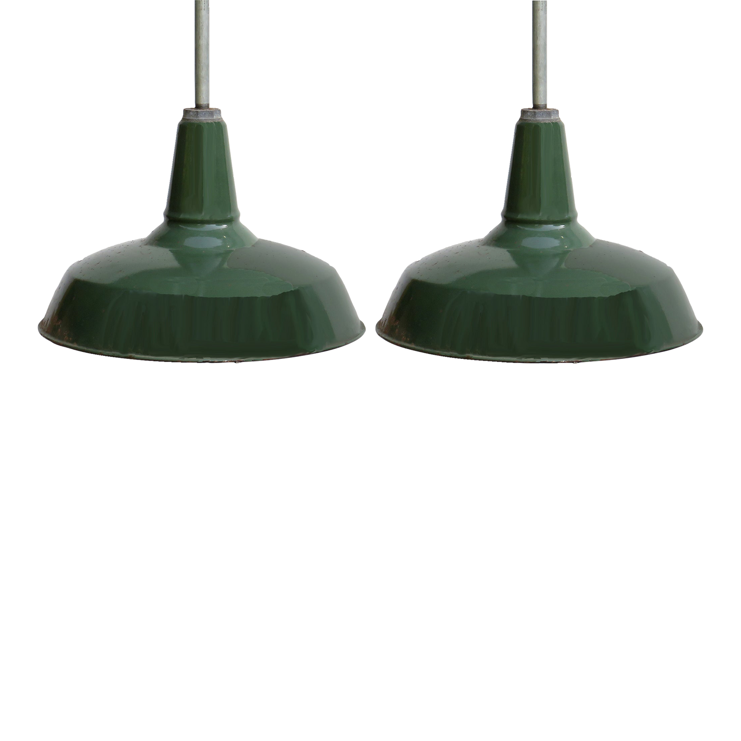 Vintage Industrial Chic Pendant Lights With Green Enamel Shades, Pair