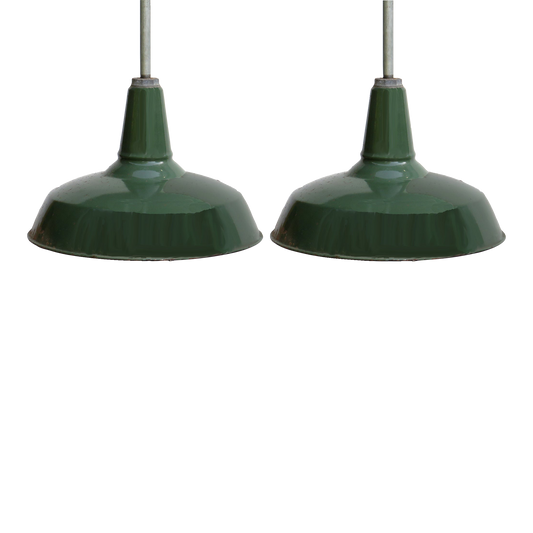 Vintage Industrial Chic Pendant Lights With Green Enamel Shades, Pair