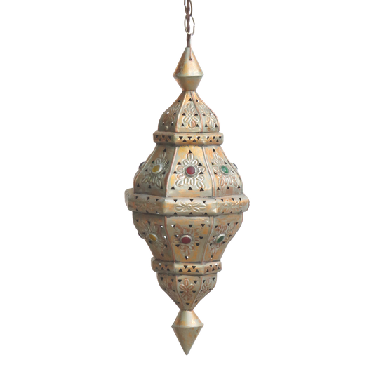 Vintage Moroccan Pierced Metal & Glass Jewel Lantern Pendant Light Fixture