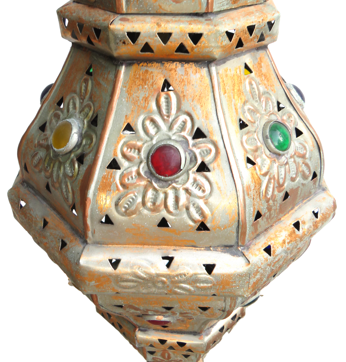 Vintage Moroccan Pierced Metal & Glass Jewel Lantern Pendant Light Fixture