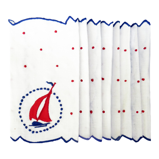 Vintage Nautical / Coastal / Beach Motif Red / White / Blue Sailboat Cocktail Napkins, Set of 8