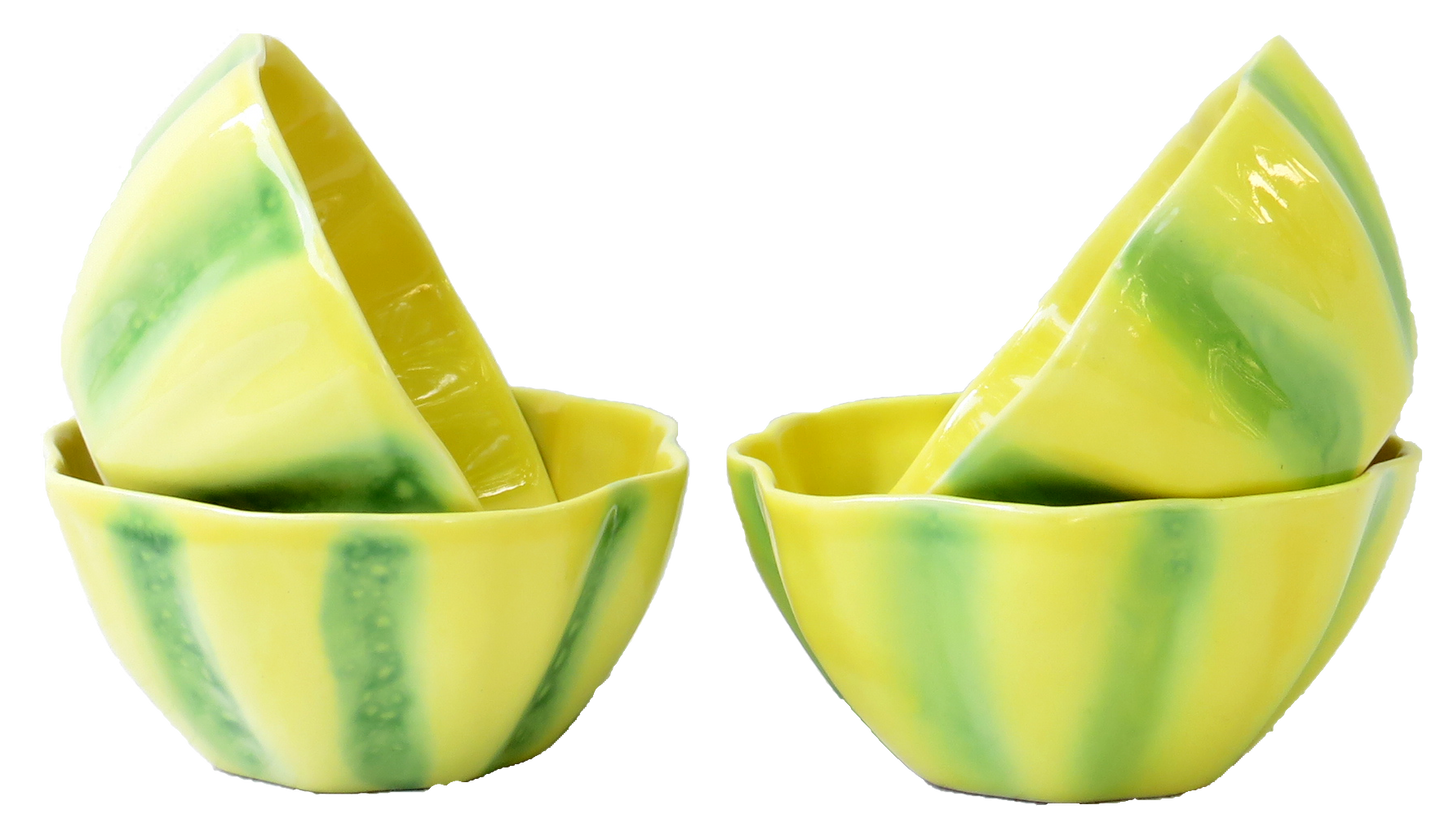 Vintage Portuguese Yelllow & Green Melon Bowls, Set of 4